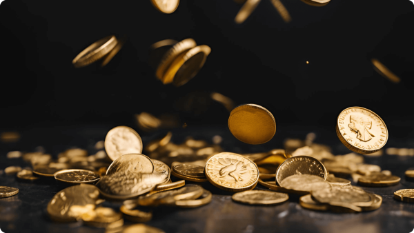 Koin emas berjatuhan dari atas, menciptakan efek berkilau saat turun