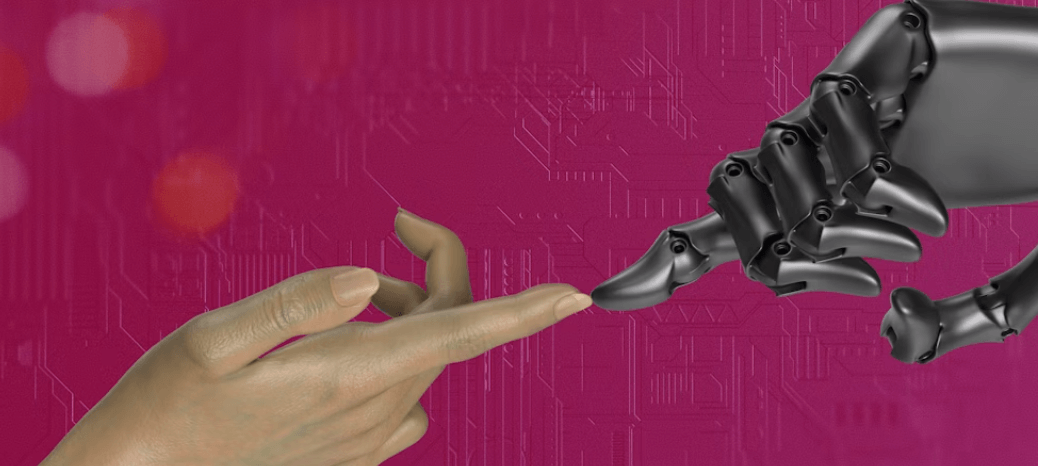 Imagen de una mano robotica tocando una mano humana