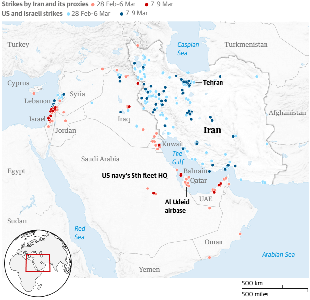 Mapa de ataques registrados en Oriente Medio entre finales de febrero y marzo de 2026, diferenciando los lanzados por Iran y sus aliados de los realizados por Estados Unidos e Israel