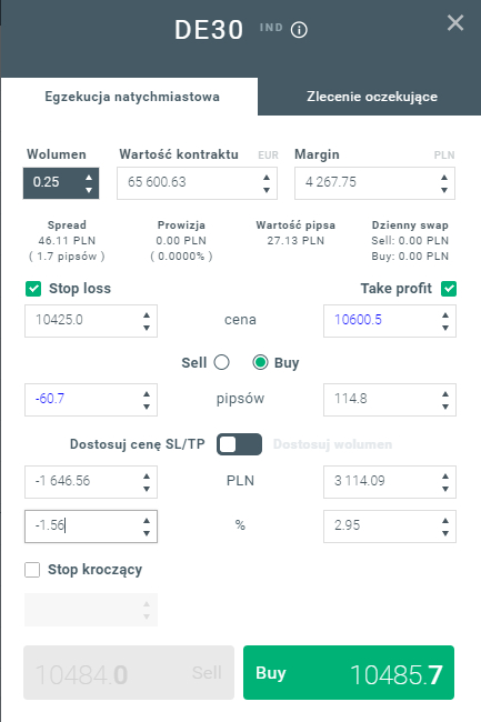 Indeksy - przykÅad transakcji na DE30