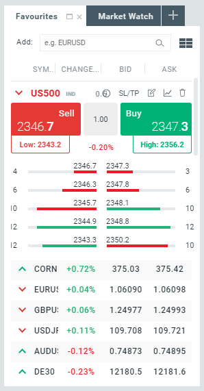 Market watch na xStation5 a ilustrar como gerir transaÃ§Ãµes