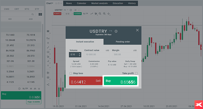 Per andare lungo sul CFD USDTRY, puoi cliccare sul pulsante "compra", piazzando cosÃ¬ un ordine. Fonte: xStation5