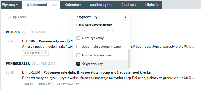 Kryptowaluty - sekcja wiadomoÅci na platformie xStation 5