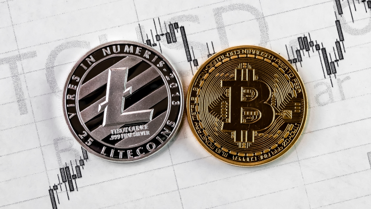 Litecoin coin and Bitcoin coin