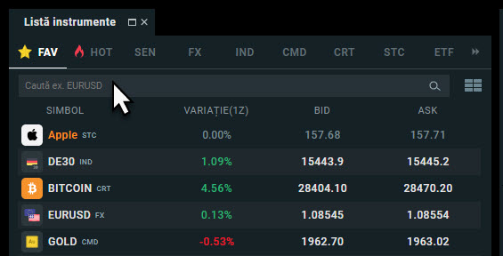 bara de cÄutare pentru instrumente Ã®n xStation