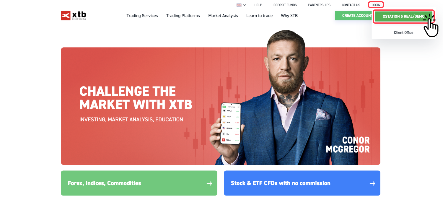 boton de inicio descarga de plataforma demo en XTB 