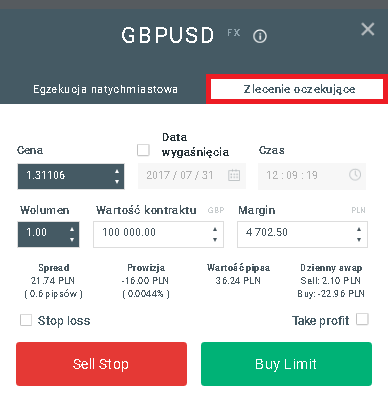 GBPUSD okno zlecenia 