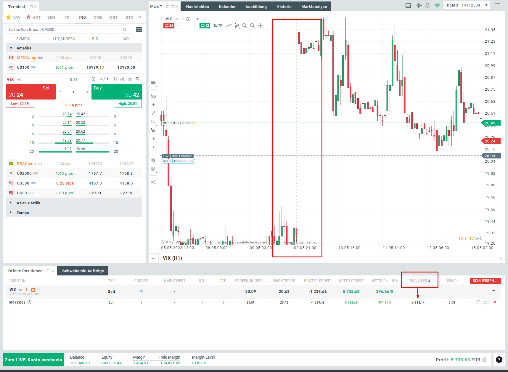 Rollover-Spalte in der xStation