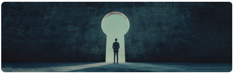 Un homme se tient devant le trou dâune serrure, dessinant une silhouette dans une piÃ¨ce faiblement Ã©clairÃ©e, Ã©voquant un sentiment de mystÃ¨re et dâintrigue.