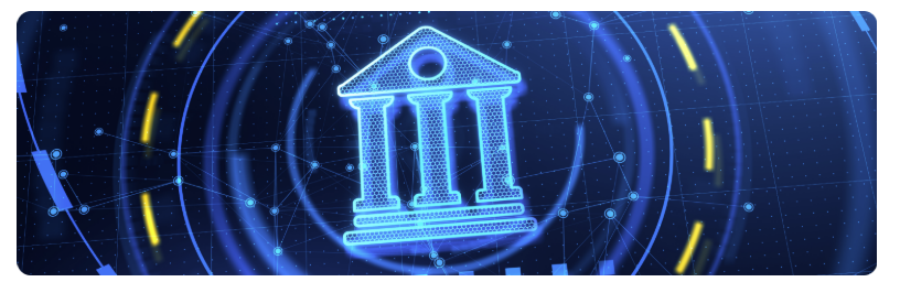  ReprÃ©sentation en bleu et blanc dâun bÃ¢timent reprÃ©sentant une banque centrale sur fond sombre