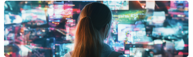 Une femme aux cheveux longs regarde attentivement un Ã©cran affichant une sÃ©rie dâÃ©crans aux images Ã©clatantes en arriÃ¨re-plan.