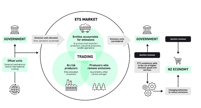 Graphic description: Government  Offset units (external mechanisms and/or international trading) Emission units allocated (free, earned or auctioned) ETS market Entities accountable for emissions (e.g fossils fuel importer/producers, industrial producers, landfill operators) Trading At-risk producers - free allocation recipients Producers who remove emissions (e.g forestry, other carbon storage) Emission units surrendered   Auction revenue  ETS compliance adds to the cos of higher emission goods and services  Government ---> Auction revenue ---> NZ economy ----> Changing behaviour to reduce emissions