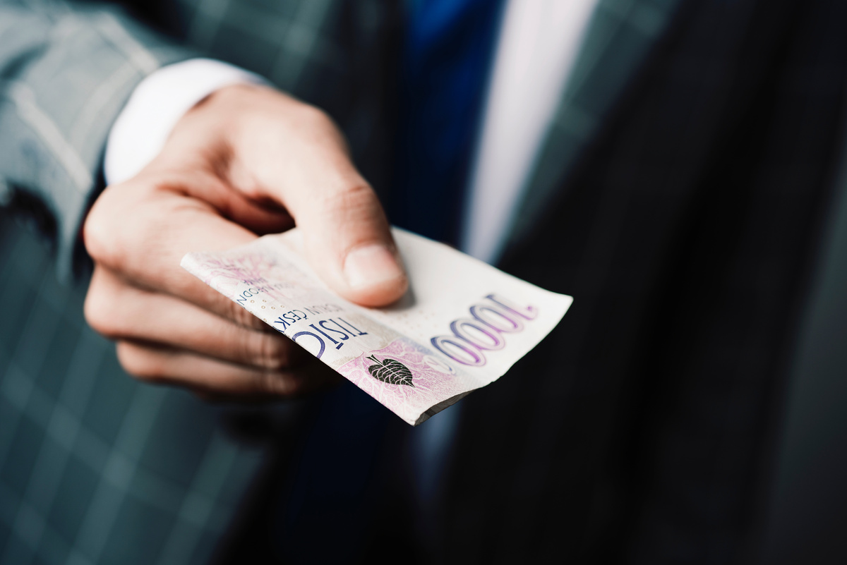 muÅ¾ drÅ¾Ã­ Äeskou bankovku v ruce