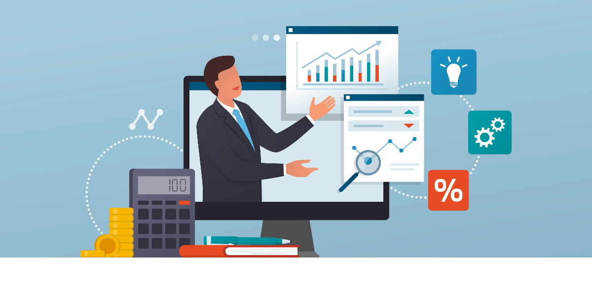 An illustrated infographic with charts and icons referring to investing