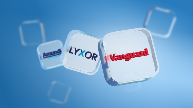 Nume de societÄÈi de investiÈii pe fond albastru: Amundi, Lyxor, Vanguard.