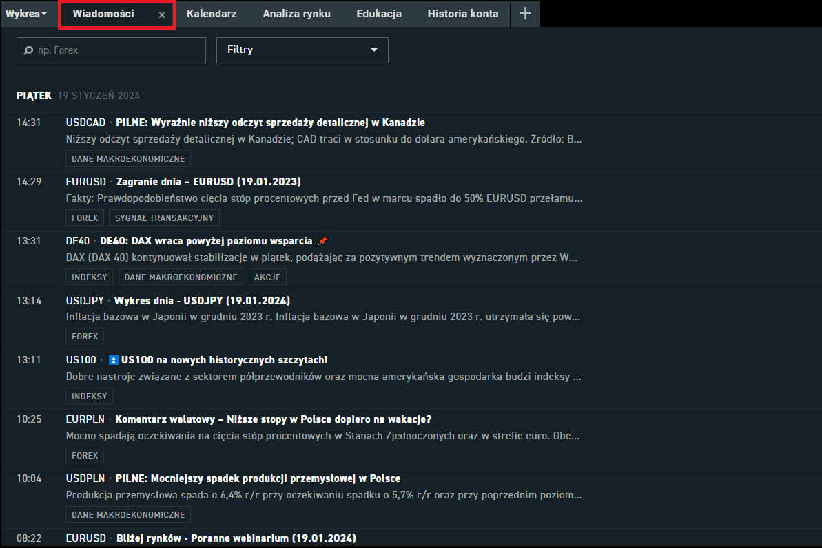 screenshot xStation WiadomoÅci
