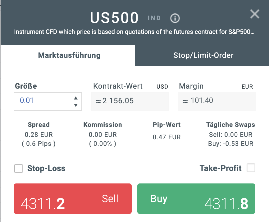 Grundlegende Begriffe des Tradings: Oderfenster S&P 500, xStation 5