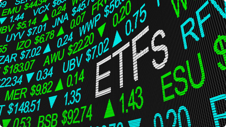 An amalgamation of letters "ETFS," numerical figures, and directional arrows, resembling stock market charts.