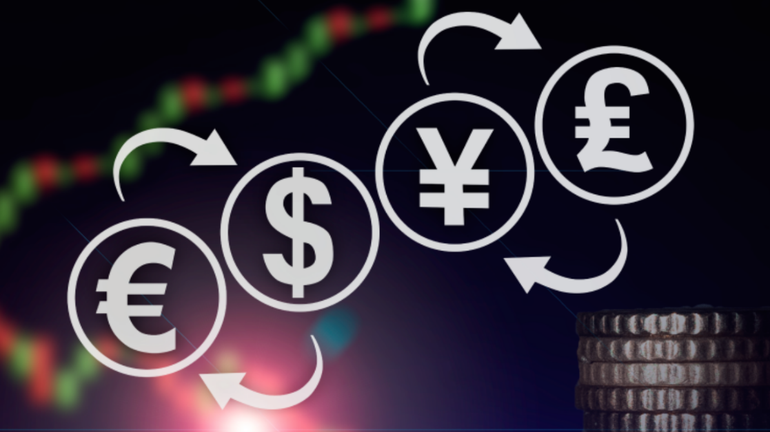Symboles EUR/USD/YEN/BGP avec des flÃ¨ches symbolisant les Ã©changes de devises et le commerce.