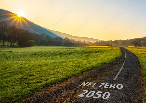 Une route de village dans une belle vue sur la nature avec l'inscription "net-zero 2050"