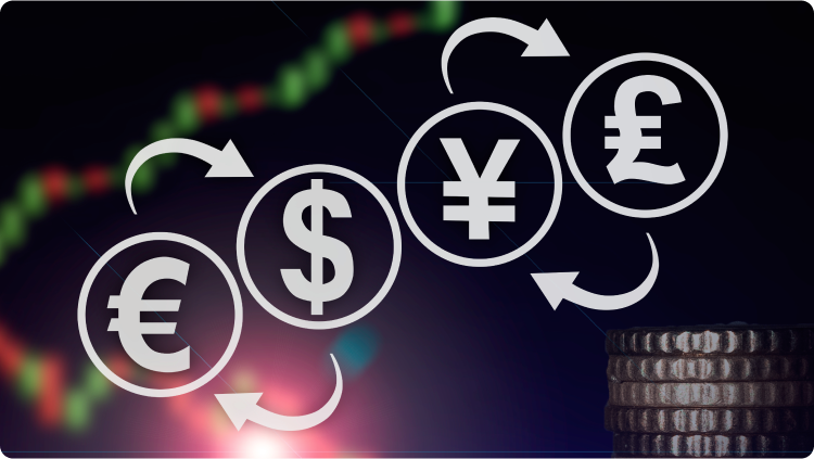SÃ­mbolos EUR/USD/YEN/BGP com setas que simbolizam o cÃ¢mbio e a negociaÃ§Ã£o de moedas