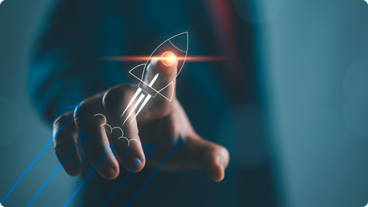 A person pointing out a rocket with a finger on a blue background.