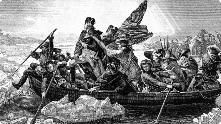 Pintura histÃ³rica de George Washington a conduzir as tropas atravÃ©s do rio Delaware no inverno