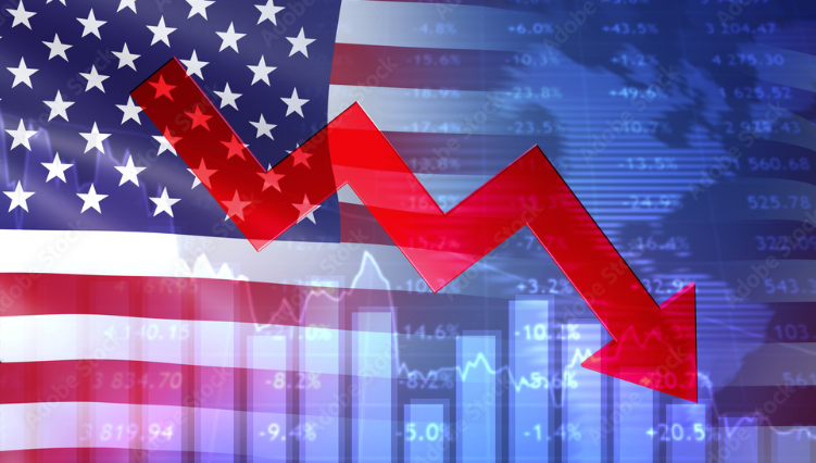RÃ©cession aux Ãtats-Unis. Crise financiÃ¨re en AmÃ©rique. Drapeau des Etats-Unis avec des citations en chute. Crise de rÃ©cession aux Ãtats-Unis. La flÃ¨che vers le bas symbolise l'effondrement Ã©conomique.