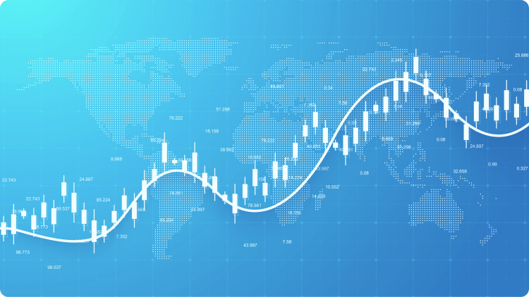 Una simulazione grafica del mercato azionario e dello scambio su una mappa del mondo blu