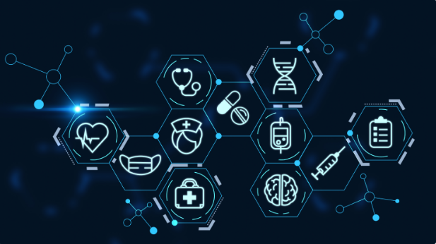 IcÃ´nes de technologie mÃ©dicale sur fond sombre : stÃ©thoscope, seringue, microscope, cardiofrÃ©quencemÃ¨tre et pilulier.