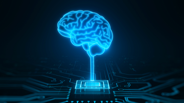 Un cerveau bleu brillant sur un circuit imprimÃ©, reprÃ©sentant la fusion de la technologie et de l'intelligence.