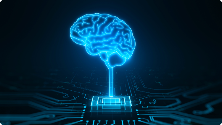  A blue glowing brain on a circuit board, representing the fusion of technology and intelligence