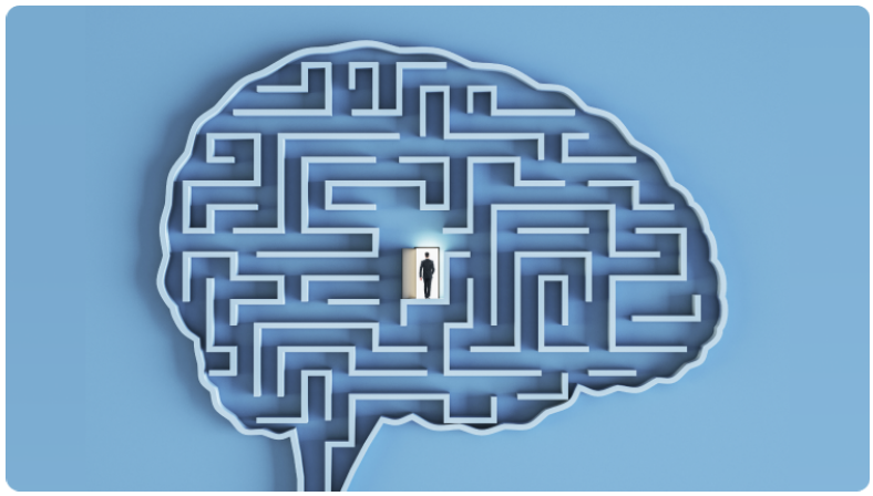 Un homme naviguant dans un labyrinthe, Ã©clairÃ© par la lumiÃ¨re, sur fond bleu, symbolisant un voyage de dÃ©couverte et de rÃ©solution de problÃ¨mes.