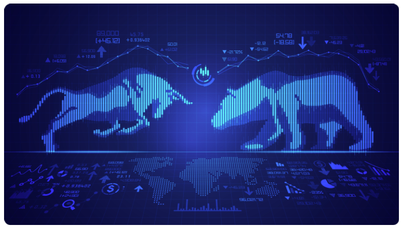 Un taureau et un ours sur fond bleu avec une carte du monde numÃ©rique et une courbe des valeurs boursiÃ¨res.