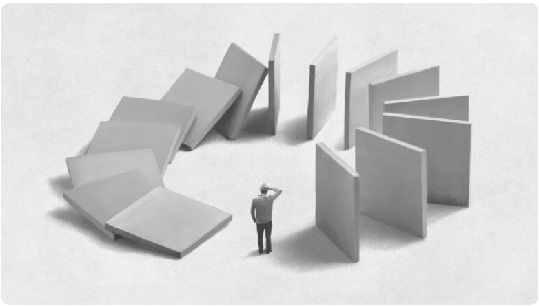 Un humain essayant dâarrÃªter des dominos qui tombent, symbolisant une faÃ§on de rÃ©soudre les problÃ¨mes.