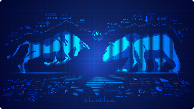 Um touro e um urso sobre um fundo azul com um mapa-mundo digital e uma curva dos valores das ações
