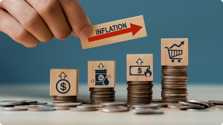 Coins with symbols of US dollar, oil and shopping trolley and red arrow with inflation inscription.