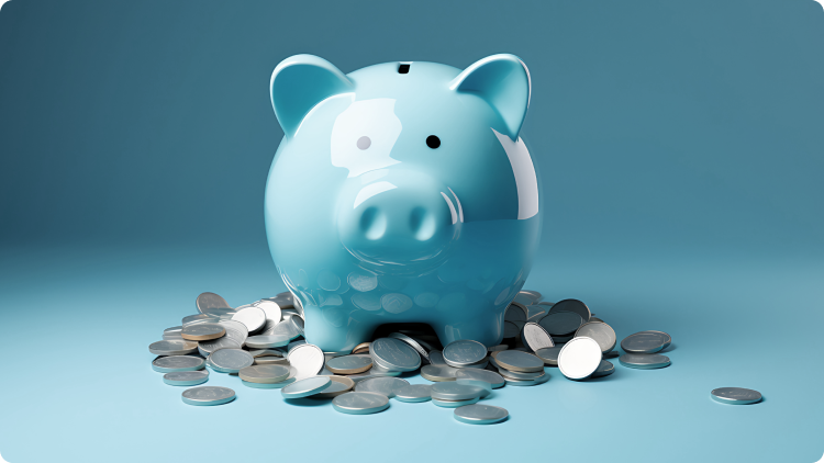 light blue piggy bank with coins 