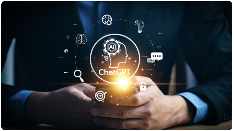 Un homme dâaffaires utilisant un smartphone, une icÃ´ne ChangeTip avec le logo ChatGPT apparaissant sur lâÃ©cran.