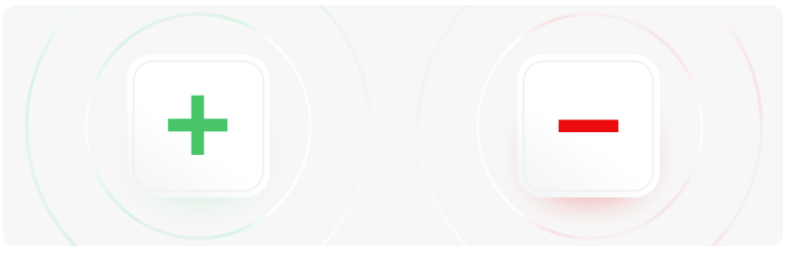 Image de deux boutons comportant des icÃ´nes rouge et verte avec des signes plus et moins, indiquant le pour et le contre.