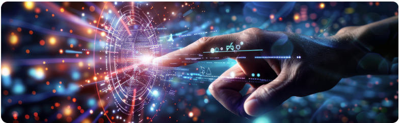 Une main interagit dÃ©licatement avec une interface numÃ©rique, mettant ainsi en Ã©vidence le lien entre la technologie et le toucher humain.