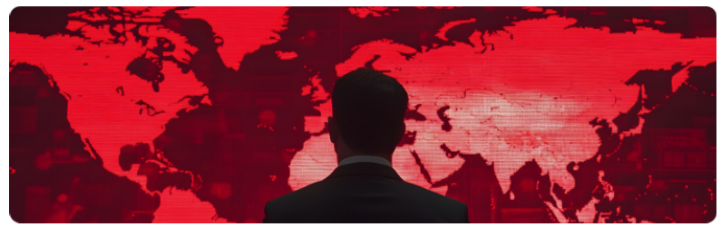 Un homme en costume se tient avec assurance devant une carte du monde dâun rouge Ã©clatant, symbolisant les connexions internationales et le professionnalisme Ã  une Ã©poque de conflits mondiaux en puissance