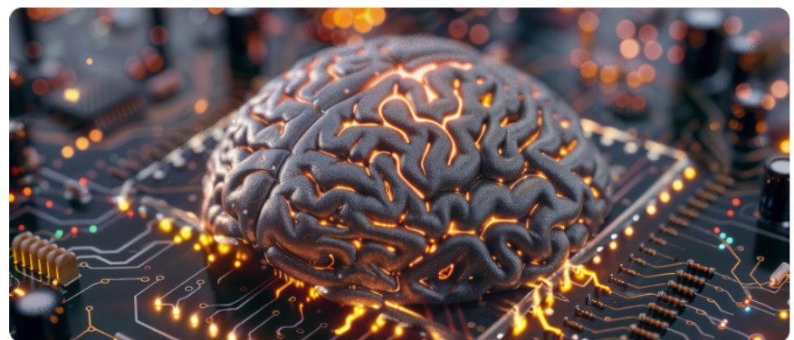 ReprÃ©sentation dâun cerveau placÃ© sur un circuit imprimÃ©, faisant ainsi ressortir la relation entre les processus cognitifs et les avancÃ©es technologiques