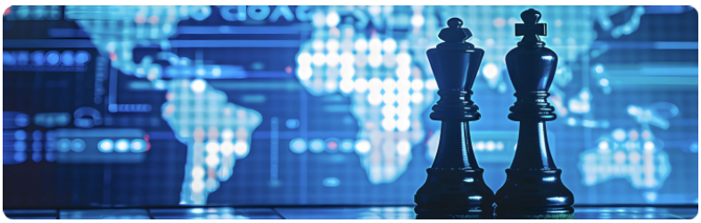 Deux piÃ¨ces dâÃ©checs placÃ©es sur une table, avec une carte du monde en toile de fond, symbolisant la stratÃ©gie et les connexions au niveau mondial.