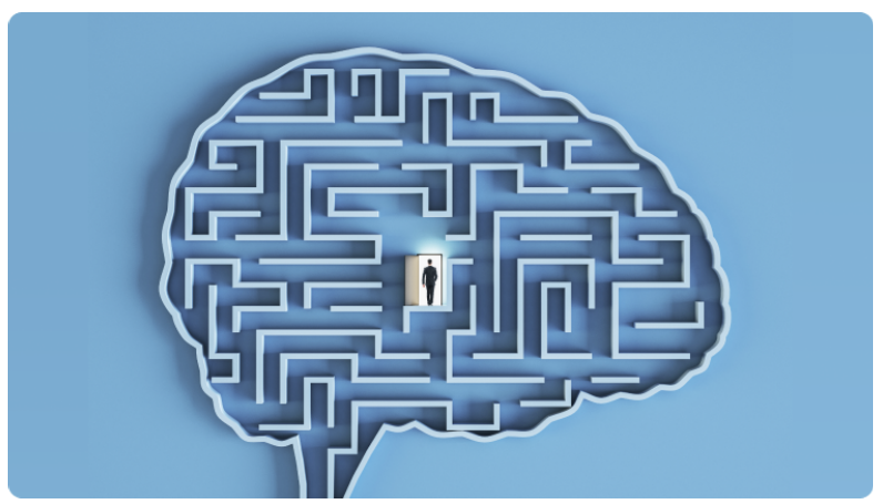 Un homme tentant de sây retrouver dans un labyrinthe Ã©clairÃ© par la lumiÃ¨re, sur un fond bleu, symbolisant un voyage de dÃ©couverte.