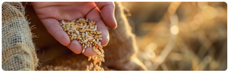 Un agriculteur tient des cÃ©rÃ©ales dans ses mains, au coucher du soleil