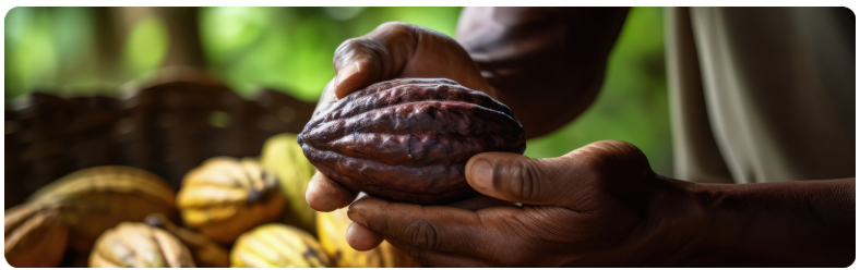 Une personne tient dÃ©licatement une fÃ¨ve de cacao dans sa main, mettant en valeur sa riche texture et sa couleur naturelle