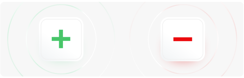 Boutons blancs comportant un signe plus et un signe moins, symbolisant une section pour et contre.