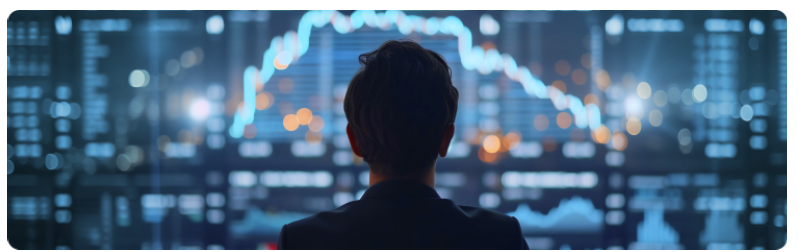 Un homme se tient devant un écran numérique contenant des données économiques, des graphiques et des diagrammes.