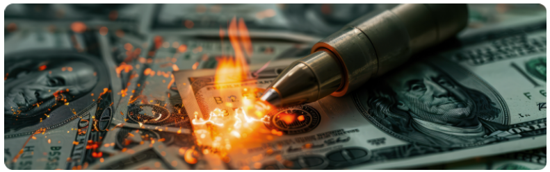 Une balle repose sur une pile dâargent, entourÃ©e de flammes, symbolisant le danger et les turbulences financiÃ¨res